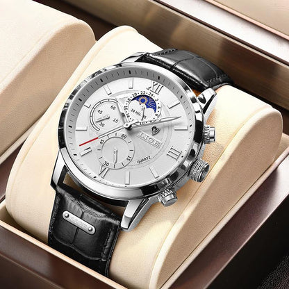 Lige Leather Classic Watch | With Moonphase Detail and Luminous Hands for Everyday and Business Wear Neriona Silver white