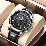 Lige Leather Classic Watch | With Moonphase Detail and Luminous Hands for Everyday and Business Wear Neriona Silver Black
