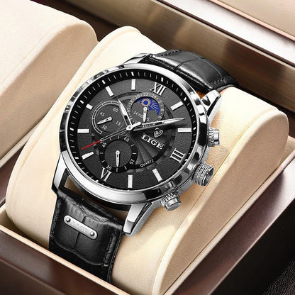 Lige Leather Classic Watch | With Moonphase Detail and Luminous Hands for Everyday and Business Wear Neriona Silver Black