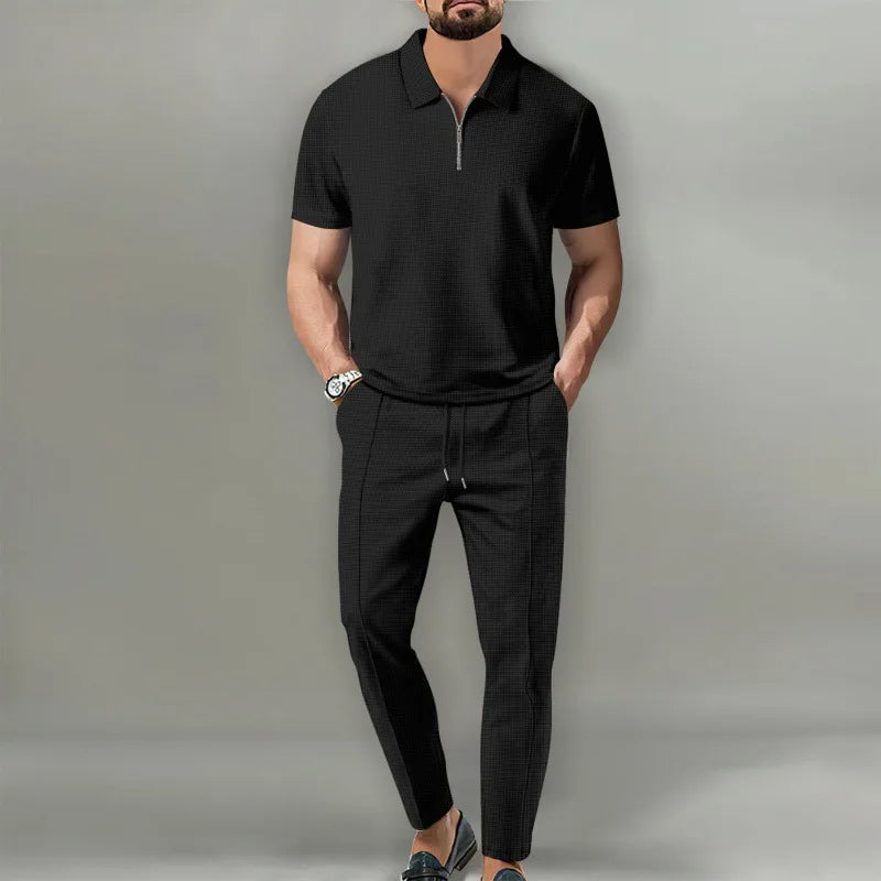 Lorenzo – Waffle Knit Two-Piece Set | Matching Shirt And Trousers For Smart Casual Style Men's Two-Piece Set Neriona
