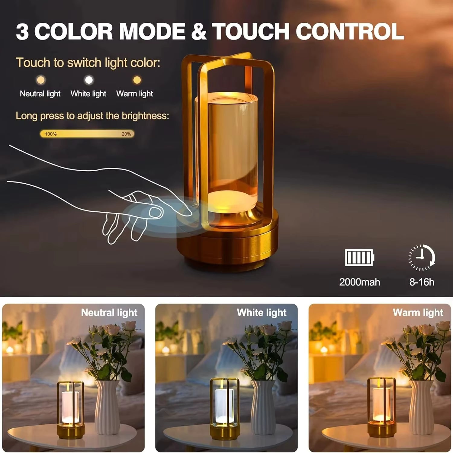 LumiTouch™ Table Lamp – Cordless Ambient Lighting | Touch Dimmable LED Light for Home & Outdoor Use Neriona
