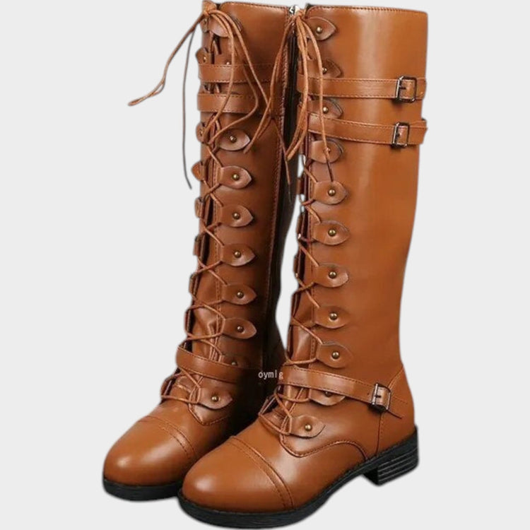 Women's Leather Knee High Boots with Buckle Details