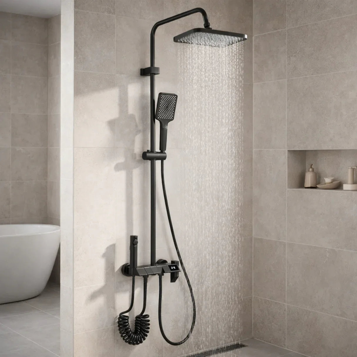 Luxury Shower System – Matte Black With Architectural Design | Rainfall Set With Digital Display And Multi Function Control Neriona