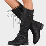Women's Leather Knee High Boots with Buckle Details