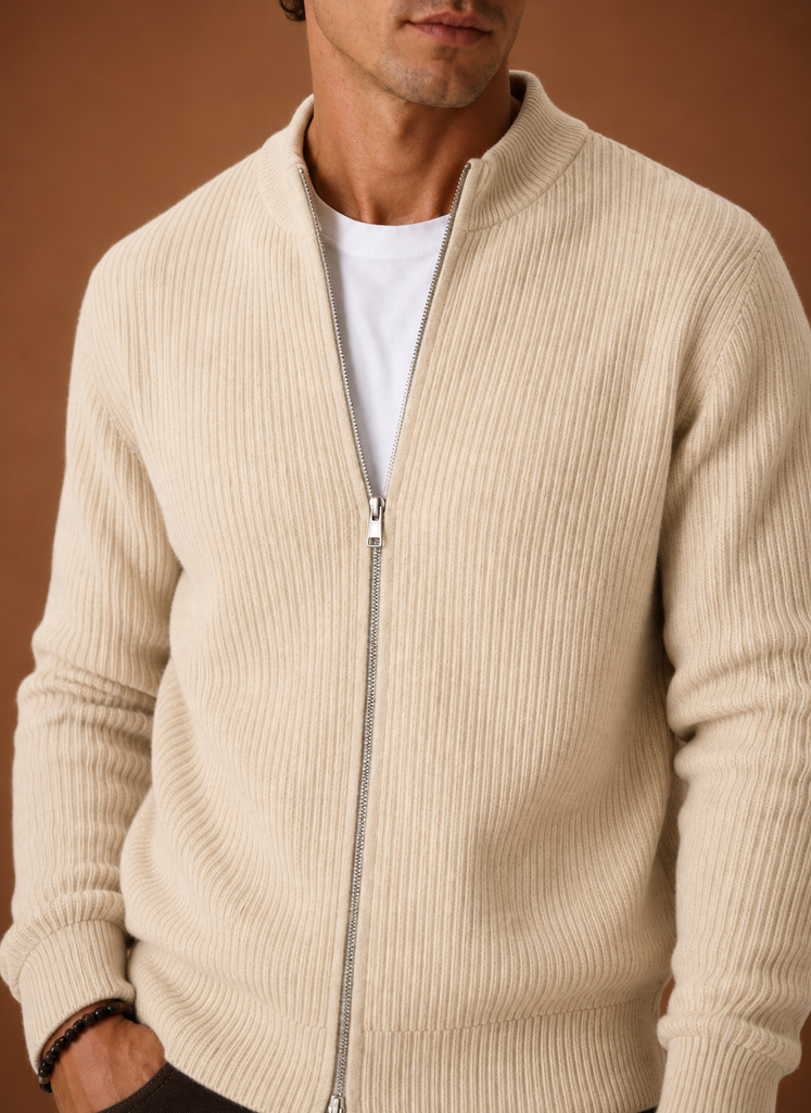 Men's Full Zip Knit Cardigan – Cardigan, Cream - Cole & May
