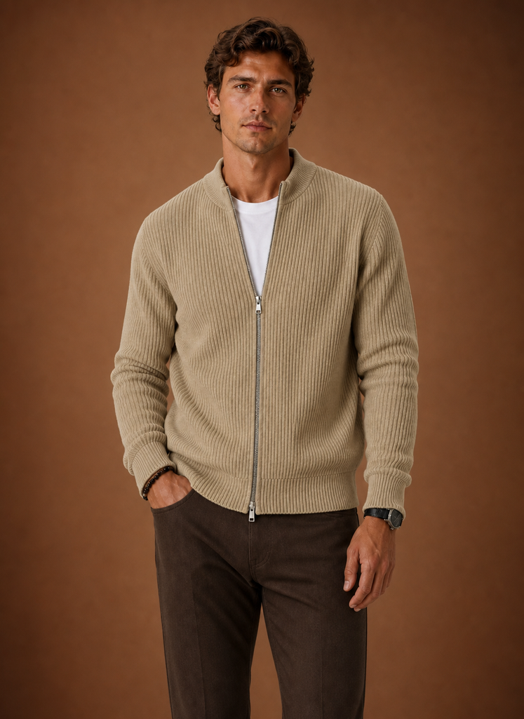 Men's Full Zip Knit Cardigan – Cardigan, Khaki - Cole & May