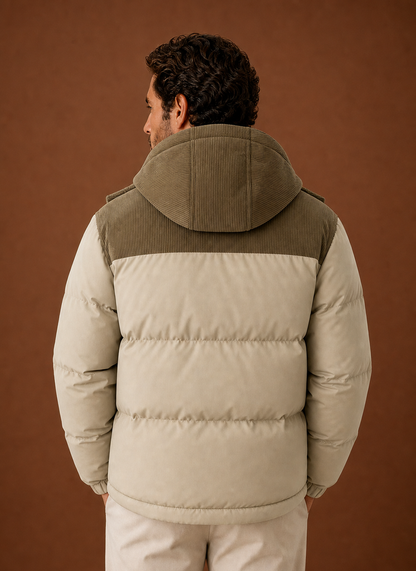 Men's Hooded Winter Puffer Jacket – Corduroy Collar, Khaki - Cole & May