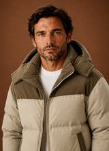 Men's Hooded Winter Puffer Jacket – Corduroy Collar, Khaki - Cole & May
