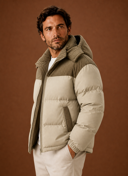 Men's Hooded Winter Puffer Jacket – Corduroy Collar, Khaki - Cole & May