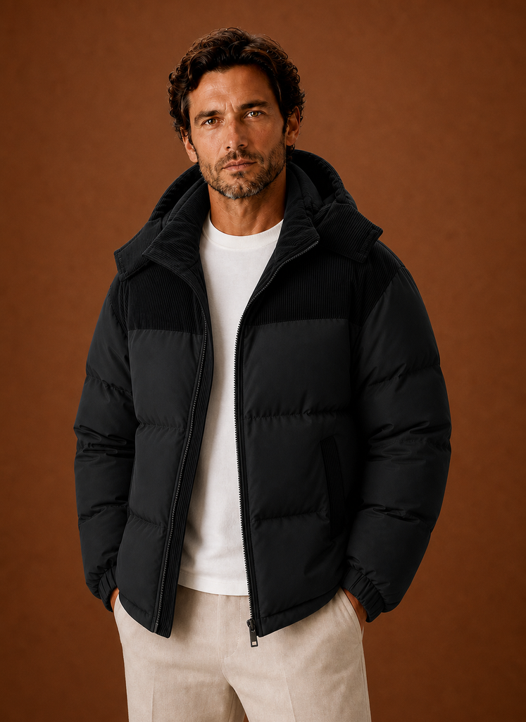 Men's Hooded Winter Puffer Jacket – Corduroy Collar, Black - Cole & May