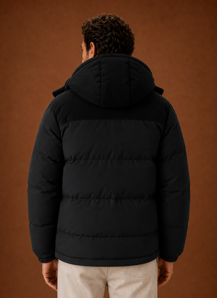 Men's Hooded Winter Puffer Jacket – Corduroy Collar, Black - Cole & May