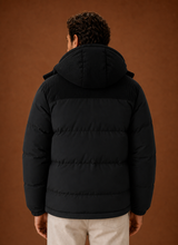Men's Hooded Winter Puffer Jacket – Corduroy Collar, Black - Cole & May