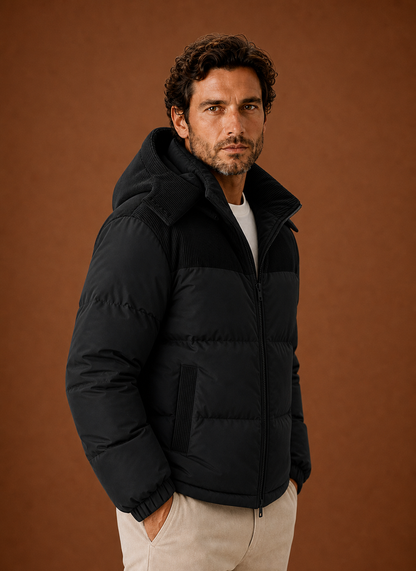 Men's Hooded Winter Puffer Jacket – Corduroy Collar, Black - Cole & May