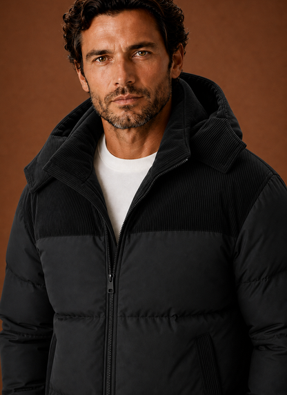 Men's Hooded Winter Puffer Jacket – Corduroy Collar, Black - Cole & May