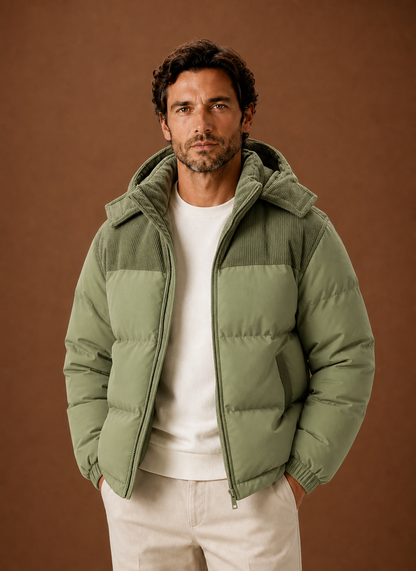 Men's Hooded Winter Puffer Jacket – Corduroy Collar, Green - Cole & May