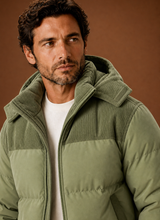 Men's Hooded Winter Puffer Jacket – Corduroy Collar, Green - Cole & May