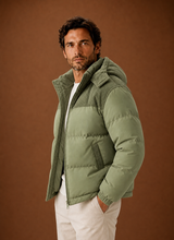 Men's Hooded Winter Puffer Jacket – Corduroy Collar, Green - Cole & May