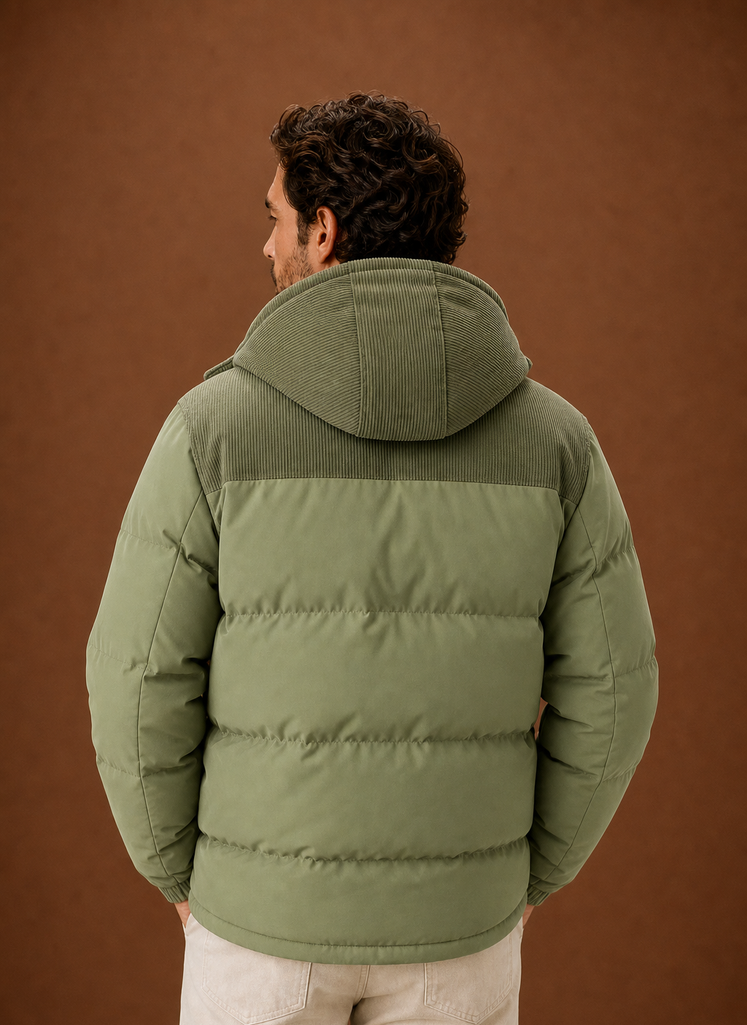 Men's Hooded Winter Puffer Jacket – Corduroy Collar, Green - Cole & May