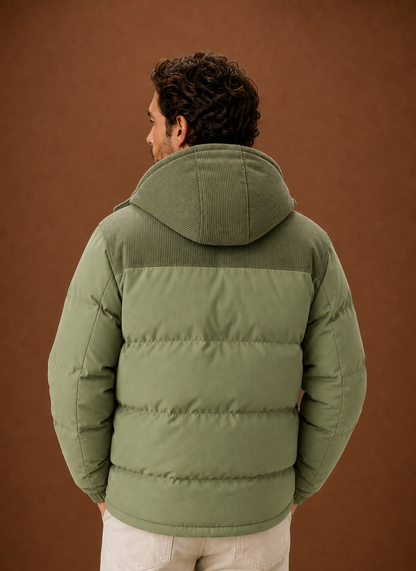 Men's Hooded Winter Puffer Jacket – Corduroy Collar, Green - Cole & May