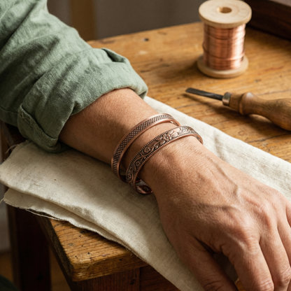 Copper Bangle Set | Lattice & Floral Cuffs for Layering Bracelet Neriona