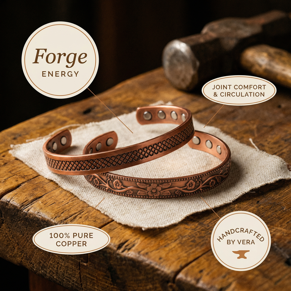 Copper Bangle Set | Lattice & Floral Cuffs for Layering Bracelet Neriona