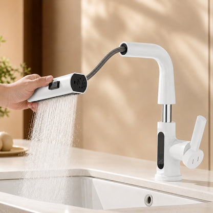 Pull Out Kitchen Faucet with 5 Modes | LED Temperature Display Tap with Retractable Hose and 360° Rotation Bathroom Accessories Neriona White with Display