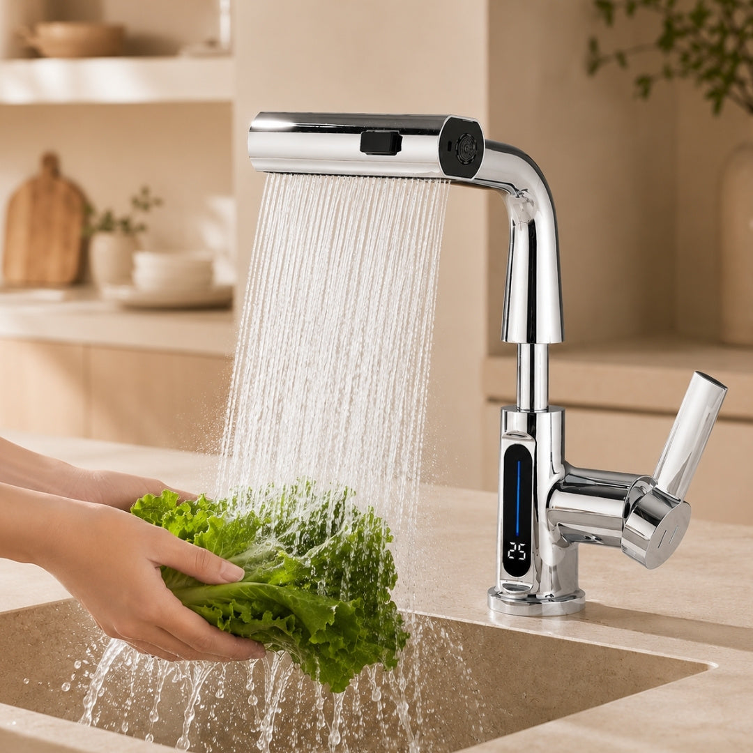 Pull Out Kitchen Faucet with 5 Modes | LED Temperature Display Tap with Retractable Hose and 360° Rotation Bathroom Accessories Neriona Chrome with Display