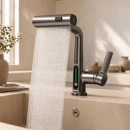 Pull Out Kitchen Faucet with 5 Modes | LED Temperature Display Tap with Retractable Hose and 360° Rotation Bathroom Accessories Neriona Black Metal with Display
