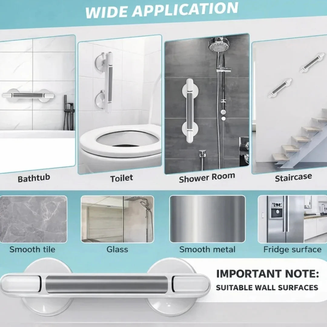 Bathroom Suction Grab - Bar No Drill | Safety Support Handle for Shower Bathtub Toilet and Daily Bathroom Stability Neriona