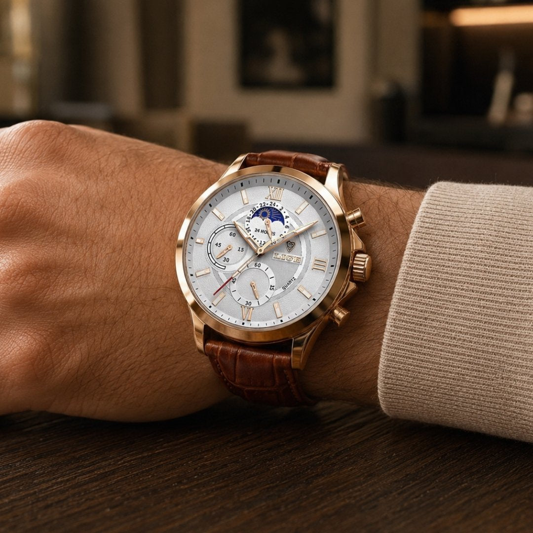 Veyron Classic Leather Watch | Waterproof Quartz Watch for Everyday Wear Travel and Modern Street Style Neriona Gold white