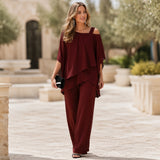 Vivienne - Elegant Two-Piece Pant Set | Dressy Chiffon Outfit For Wedding Guests Neriona Wine Red