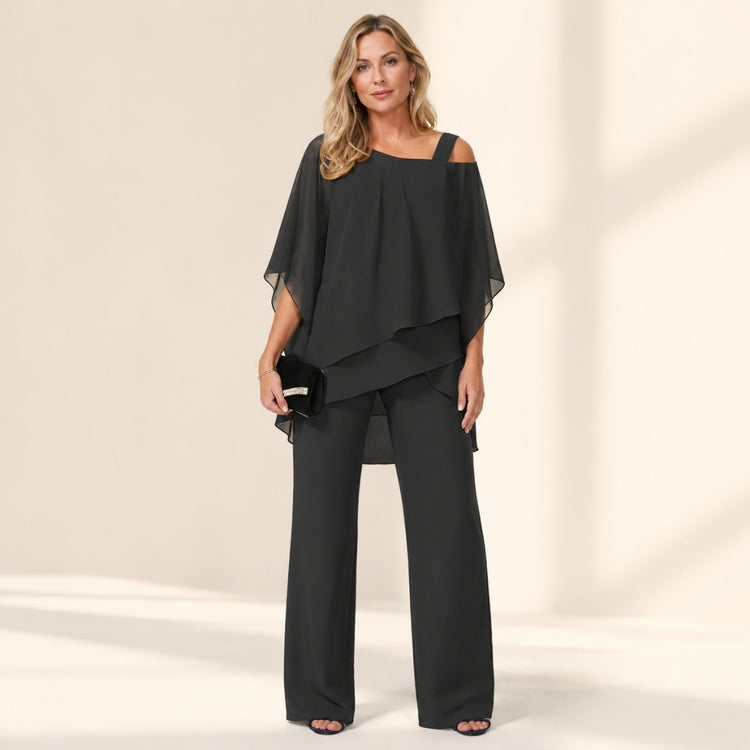 Vivienne - Elegant Two-Piece Pant Set | Dressy Chiffon Outfit For Wedding Guests Neriona Black