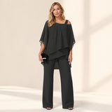 Vivienne - Elegant Two-Piece Pant Set | Dressy Chiffon Outfit For Wedding Guests Neriona Black