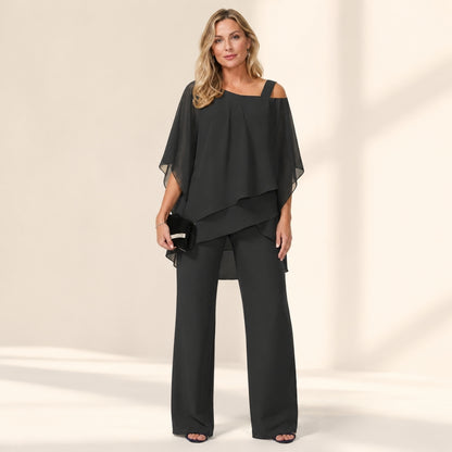 Vivienne - Elegant Two-Piece Pant Set | Dressy Chiffon Outfit For Wedding Guests Neriona Black