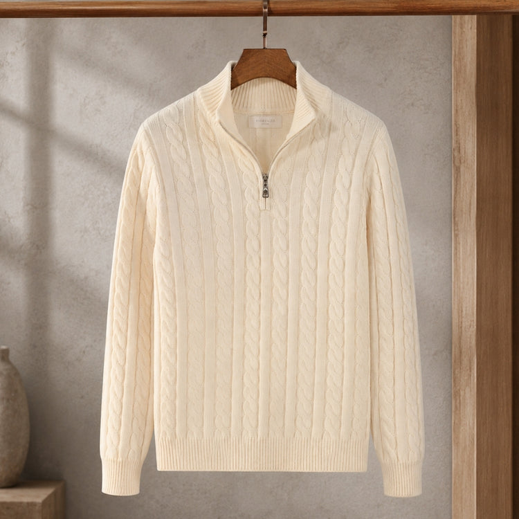Everett – Quarter-Zip Cable Knit Sweater | 100% Cotton Pullover For Smart Casual Style Neriona Beige
