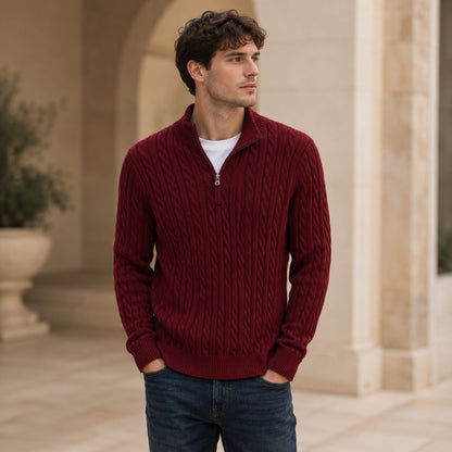 Everett – Quarter-Zip Cable Knit Sweater | 100% Cotton Pullover For Smart Casual Style Neriona Burgundy