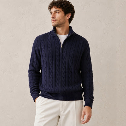 Everett – Quarter-Zip Cable Knit Sweater | 100% Cotton Pullover For Smart Casual Style Neriona Navy