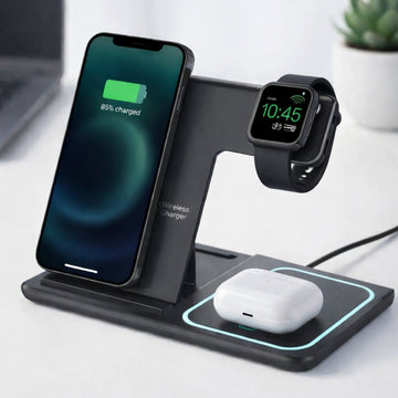 3 In 1 Wireless Charger – Foldable Design For Clean Setup | Charging Station For Phone, Watch And Earbuds With Stable Dual Coil Charging Neriona Black