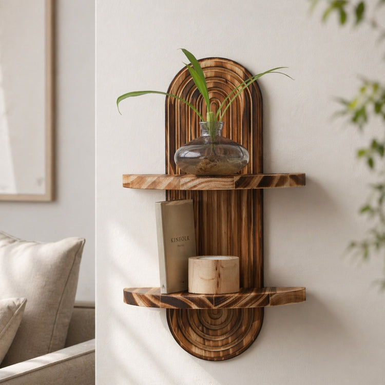 Boho Style Wall Shelf – Natural Wood With Clean Design | Minimal Shelf For Decor And Storage In Living Room, Bedroom Or Hallway Neriona Walnut 2 Layer