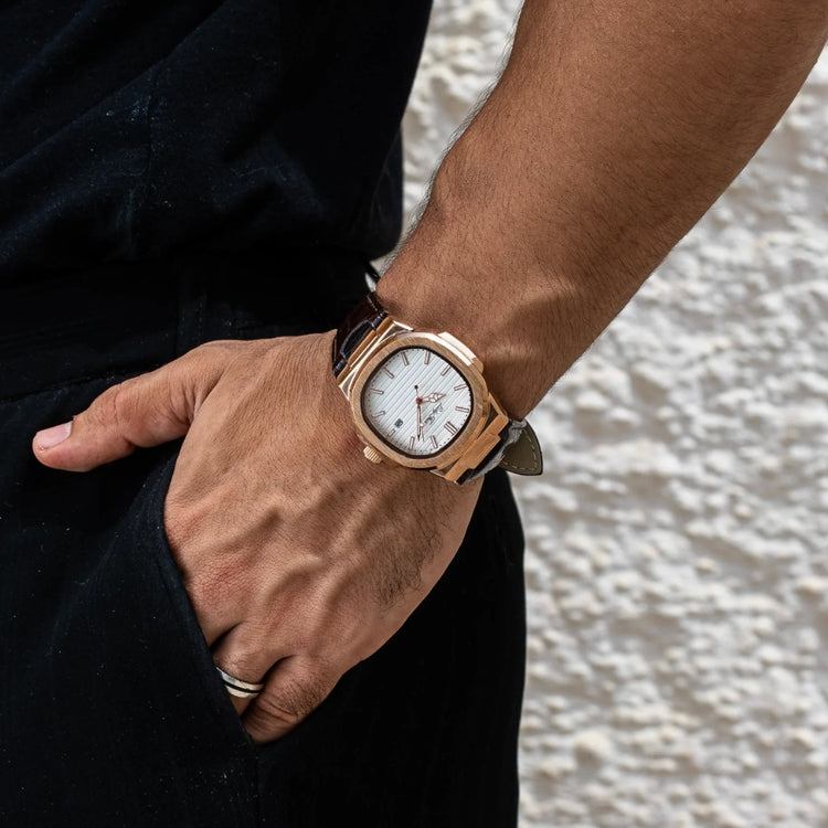 Rose Gold Leather Watch - Minimal Design | Clean Dial Watch With Date and Sapphire Glass for Everyday Wear Neriona