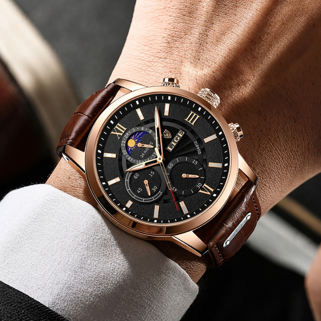 The Classic Watch – Premium Design With Leather Strap | Refined Timepiece With Luminous Detail And Balanced Everyday Style Neriona Gold black