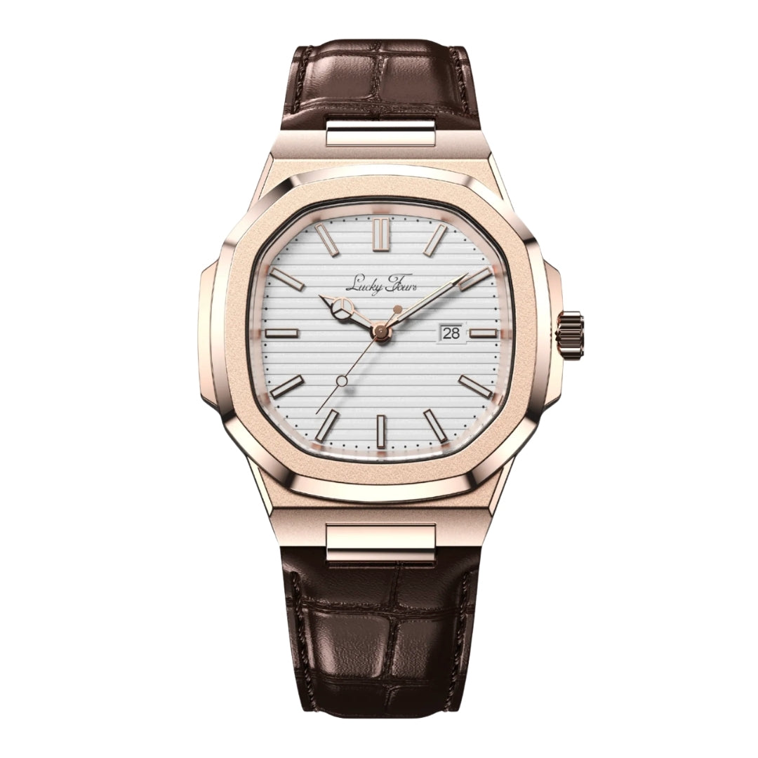 Rose Gold Leather Watch - Minimal Design | Clean Dial Watch With Date and Sapphire Glass for Everyday Wear Neriona Ice - Rose Gold