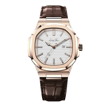 Rose Gold Leather Watch - Minimal Design | Clean Dial Watch With Date and Sapphire Glass for Everyday Wear Neriona Ice - Rose Gold