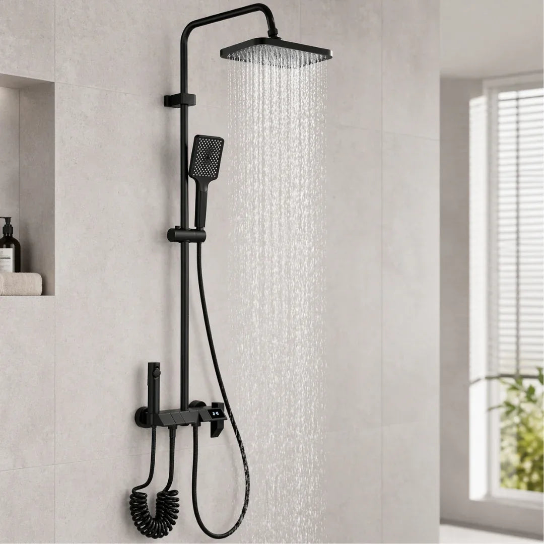 Luxury Shower System – Matte Black With Architectural Design | Rainfall Set With Digital Display And Multi Function Control Neriona Black