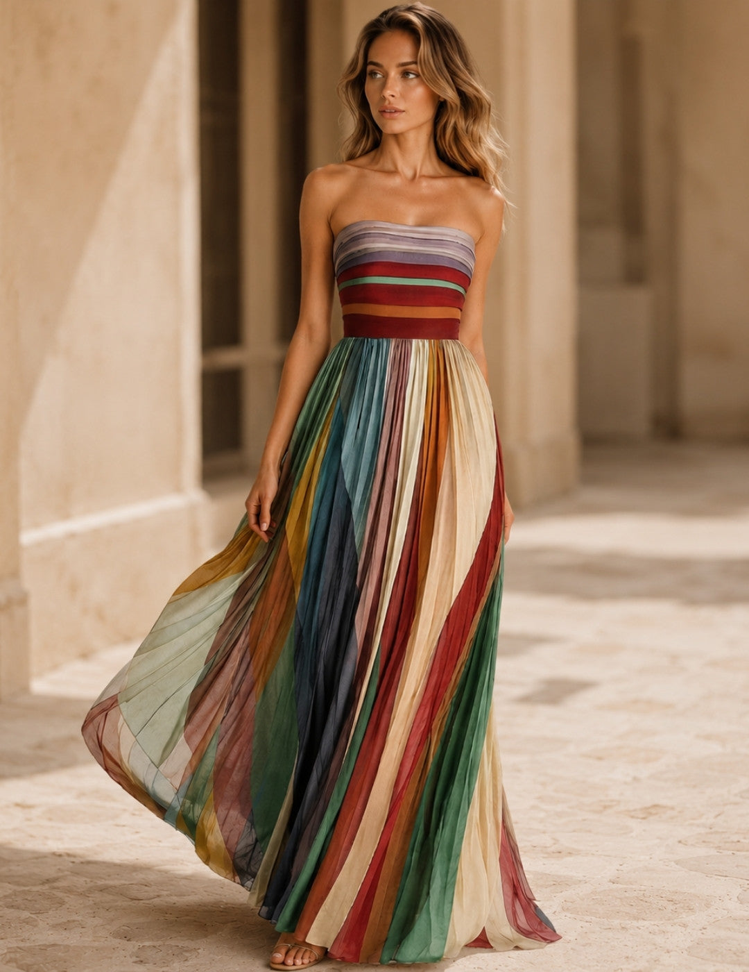 Elodie™ – Colorful Summer Maxi Dress | Strapless Women's Pleated Dress for Vacation, Beach & Resort Wear Neriona