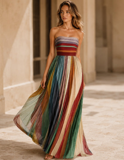 Elodie™ – Colorful Summer Maxi Dress | Strapless Women's Pleated Dress for Vacation, Beach & Resort Wear Neriona