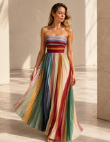 Elodie™ – Colorful Summer Maxi Dress | Strapless Women's Pleated Dress for Vacation, Beach & Resort Wear Neriona S