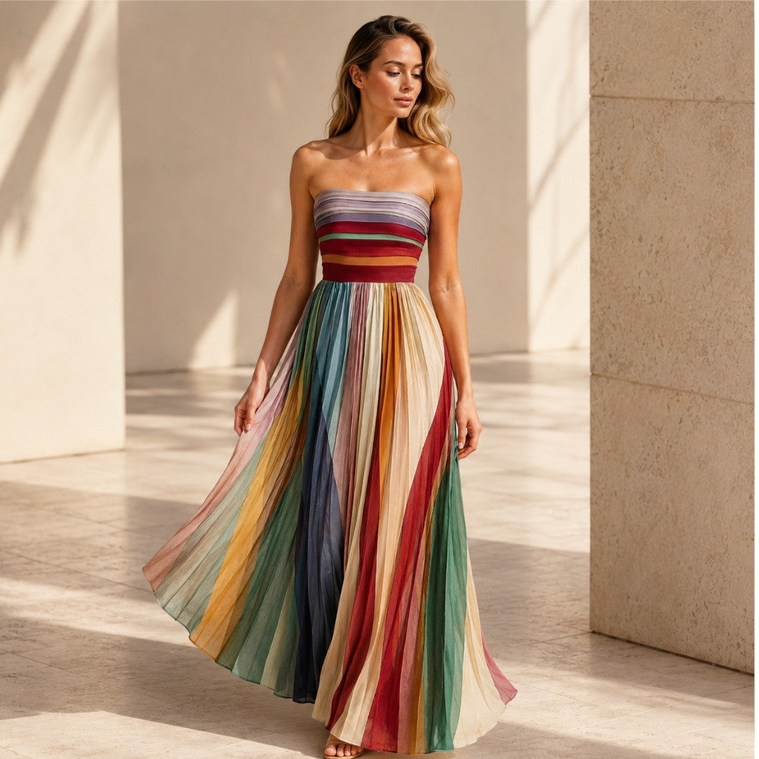 Elodie™ – Colorful Summer Maxi Dress | Strapless Women's Pleated Dress for Vacation, Beach & Resort Wear Neriona