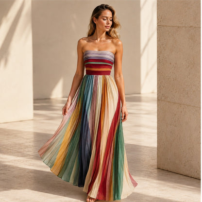 Elodie™ – Colorful Summer Maxi Dress | Strapless Women's Pleated Dress for Vacation, Beach & Resort Wear Neriona