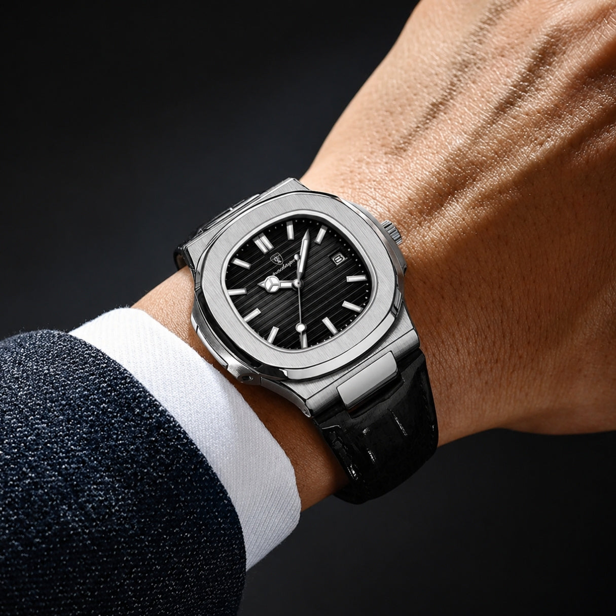 Lisbon Classic Leather Watch | With Date And Luminous Hands For Business And Everyday Wear Neriona Silver Black